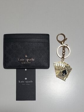 Kate Spade Black Card Holder With Mint Spade Key Ring Bag Charm